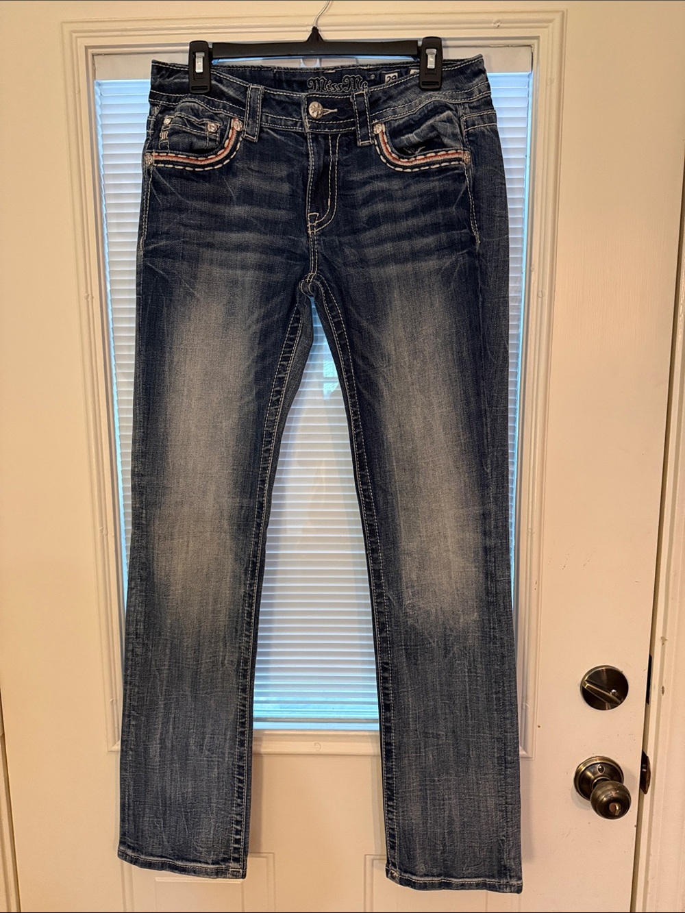 Miss Me Mid-Rise Straight Leg Jeans in Dark Blue Wash Embroidered Pocket Trim